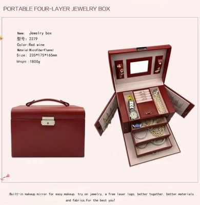 Built-in makeup mirror Microfiber+Flannel Portable Four-Layer Jewelry Box