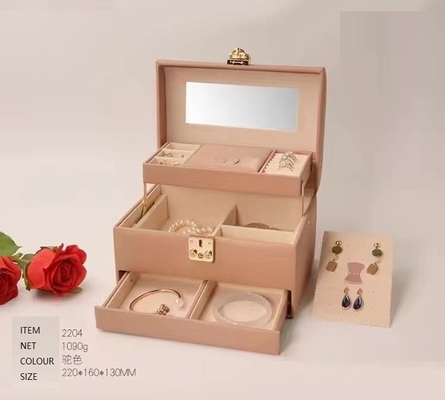Built-in makeup mirror Microfiber+Flannel Portable Four-Layer Jewelry Box
